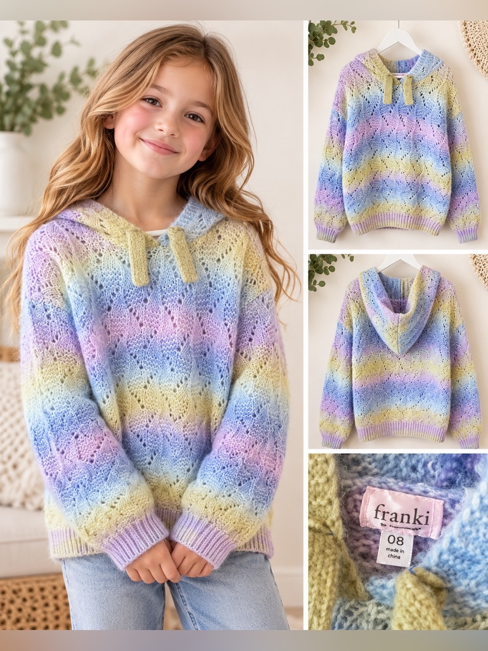 Pastel Multicolor Hooded Knit Sweater for Girls/ Franki